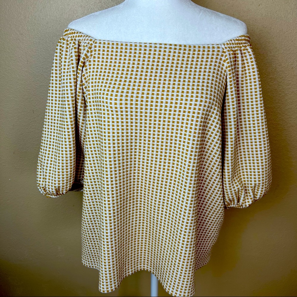 Ava & Viv Mustard and White Textured Check Off Shoulder Top Size 2X